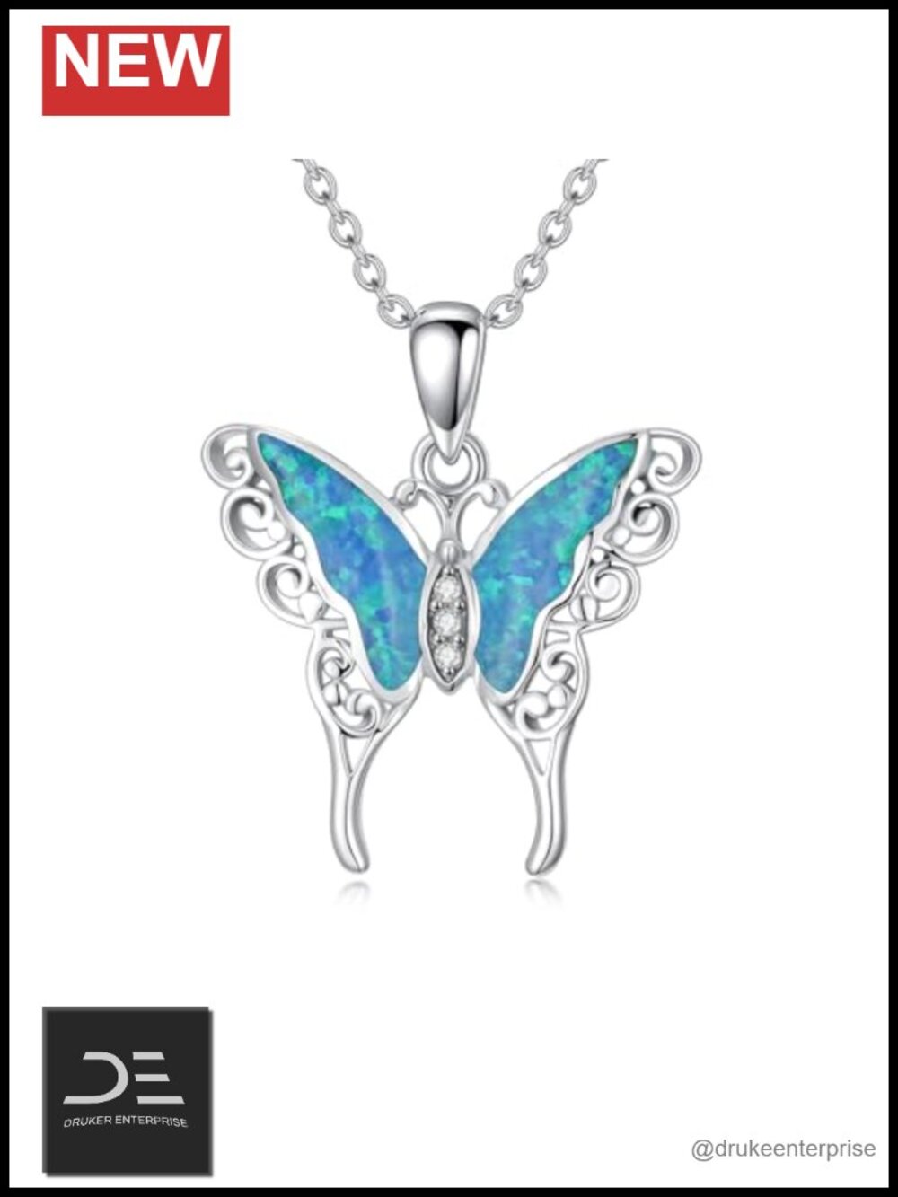 925 Sterling Silver Butterfly Necklace with Blue Opal Diamond Pendant 18" Chain